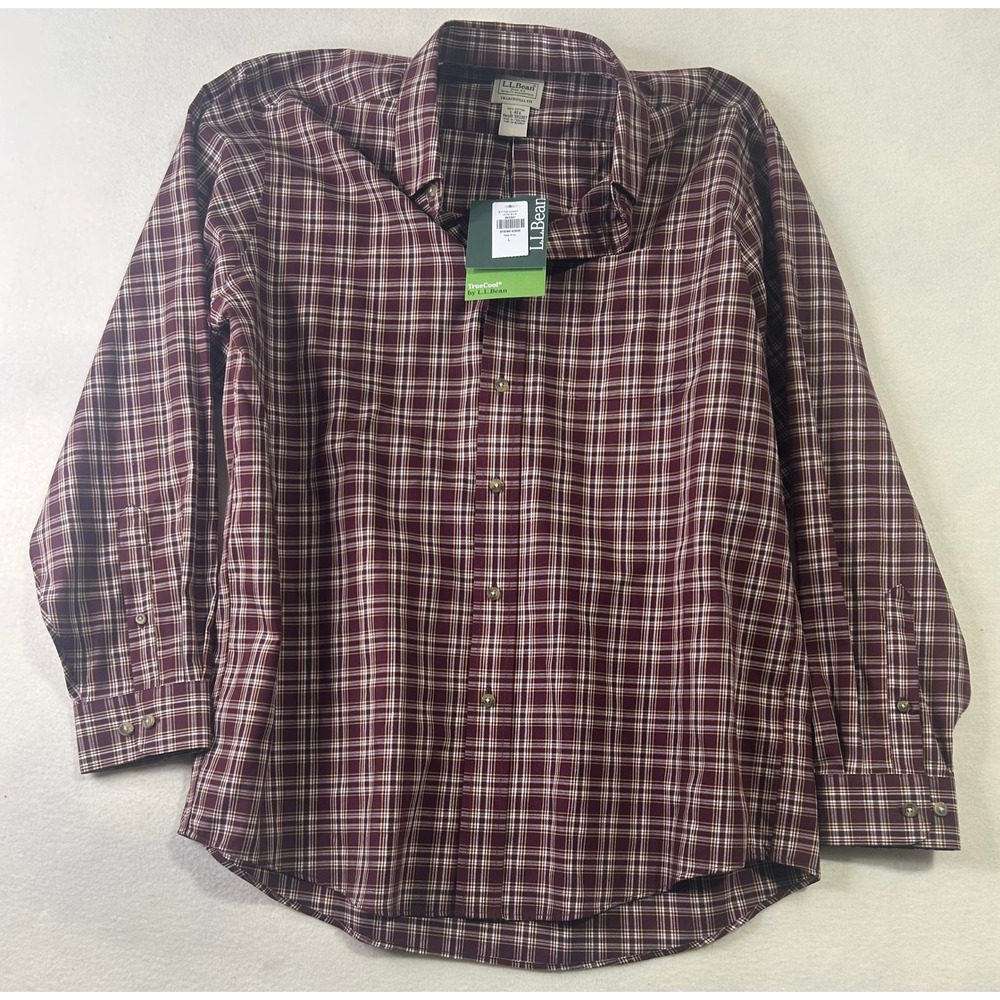 New LL Bean Mens Traditional Fit Wrinkle Free Cotton Plaid Shirt Deep Wine L-REG